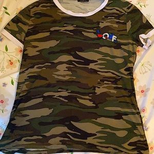 color:Camo, embroidered on it says love and  white outline of collar on sleeves